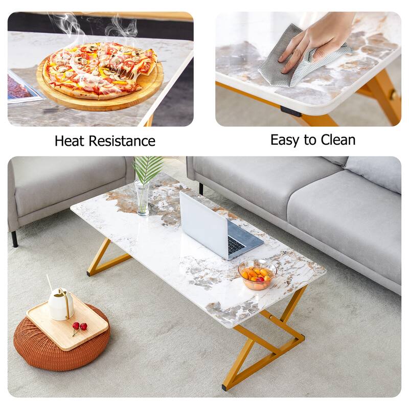 47" Modern Rectangular Coffee Table with Sintered Stone Tabletop and X-shaped Metal Legs