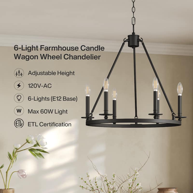 6-Light Farmhouse Black Wagon Wheel Chandelier with Adjustable Height
