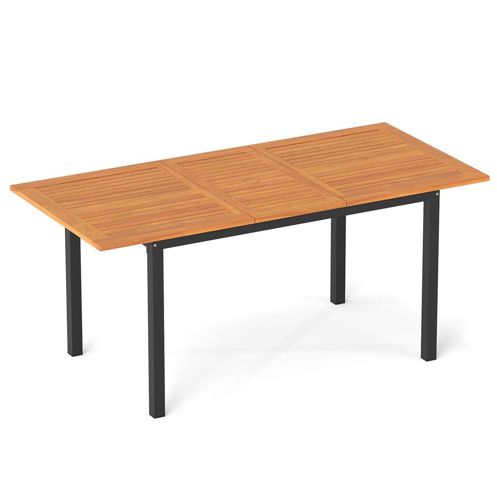 Expandable Acacia Wood Outdoor Dining Table with Metal Frame and Umbrella Hole for 4-8 Person - 51"-64" x 31.5" x 29"