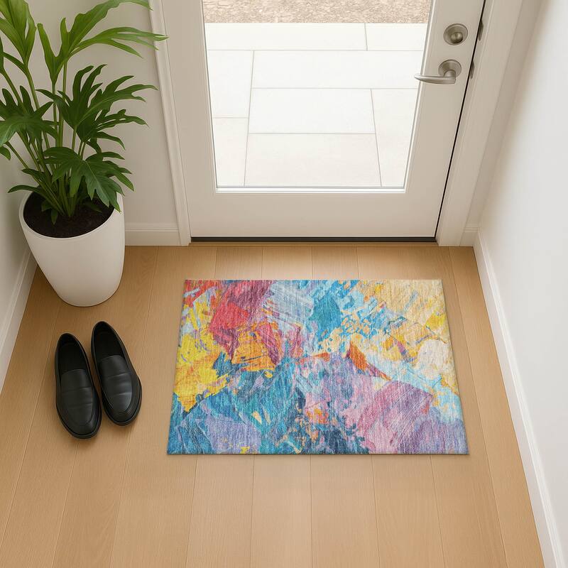 Premium Washable Super Soft Modern Brushstrokes Mayfield Rug - Blue - 1'8" x 2'6"