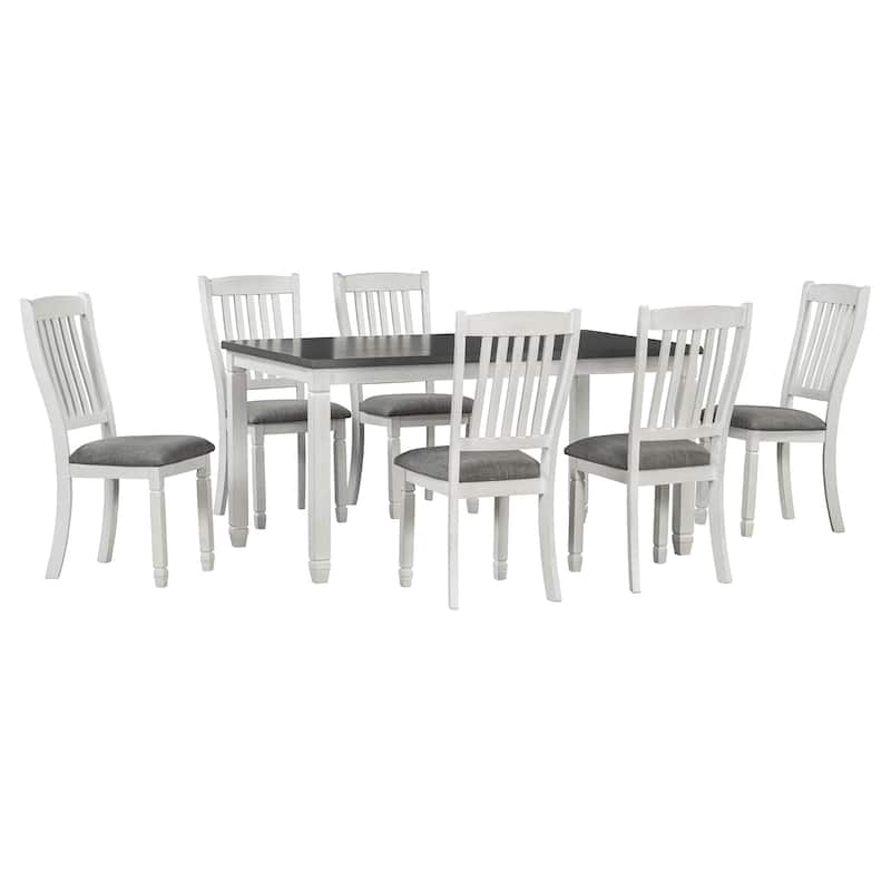 7 Piece Dining Table Set, Wooden Kitchen Furniture Set with Rectangle Table and 6 Upholstered Chairs with Shaped Legs