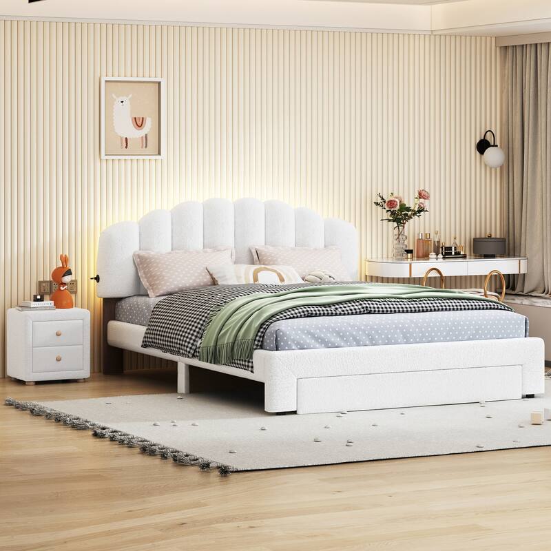 Teddy Fleece Queen Size Upholstered Platform Bed with 1 Nightstand