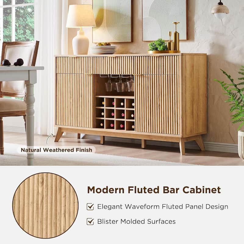 Modern Fluted Wine Bar Cabinet, Coffee Bar Cabinet w/Wine & Glass Rack