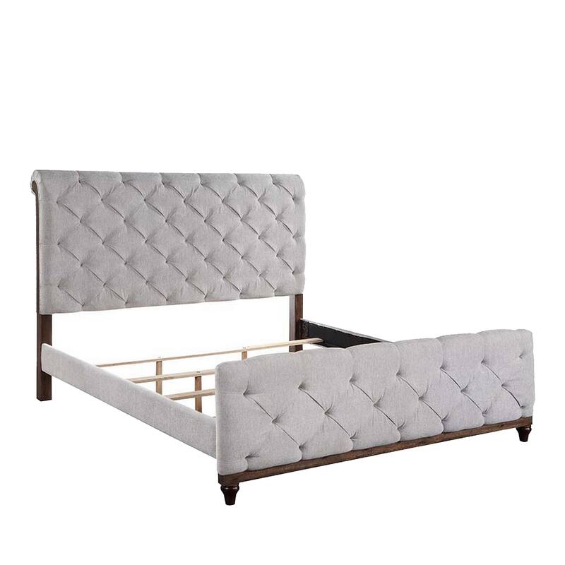 Liza Four Pc Queen Bedroom Set, Tufted Gray Upholstery, Brown Wood, Nickel Sled Base