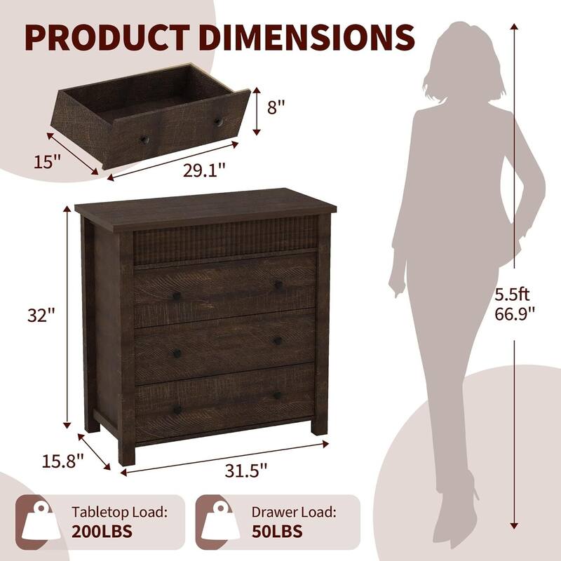 Modern Fluted 3 Drawer Dresser, Nightstand for Bedroom, Living Room, Hallway