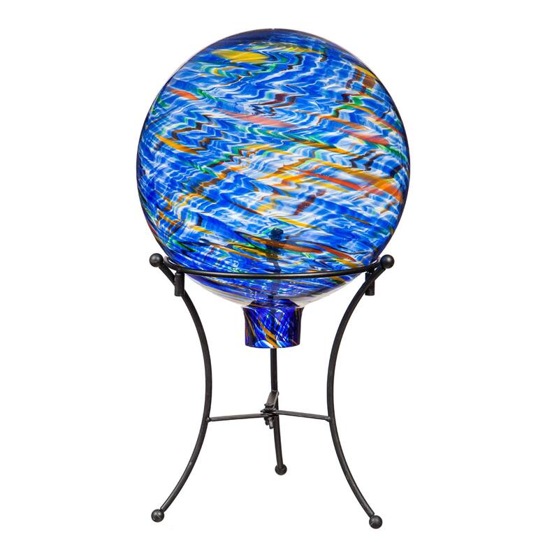 10" Art Glass Aqua Confetti Gazing Ball with Stand