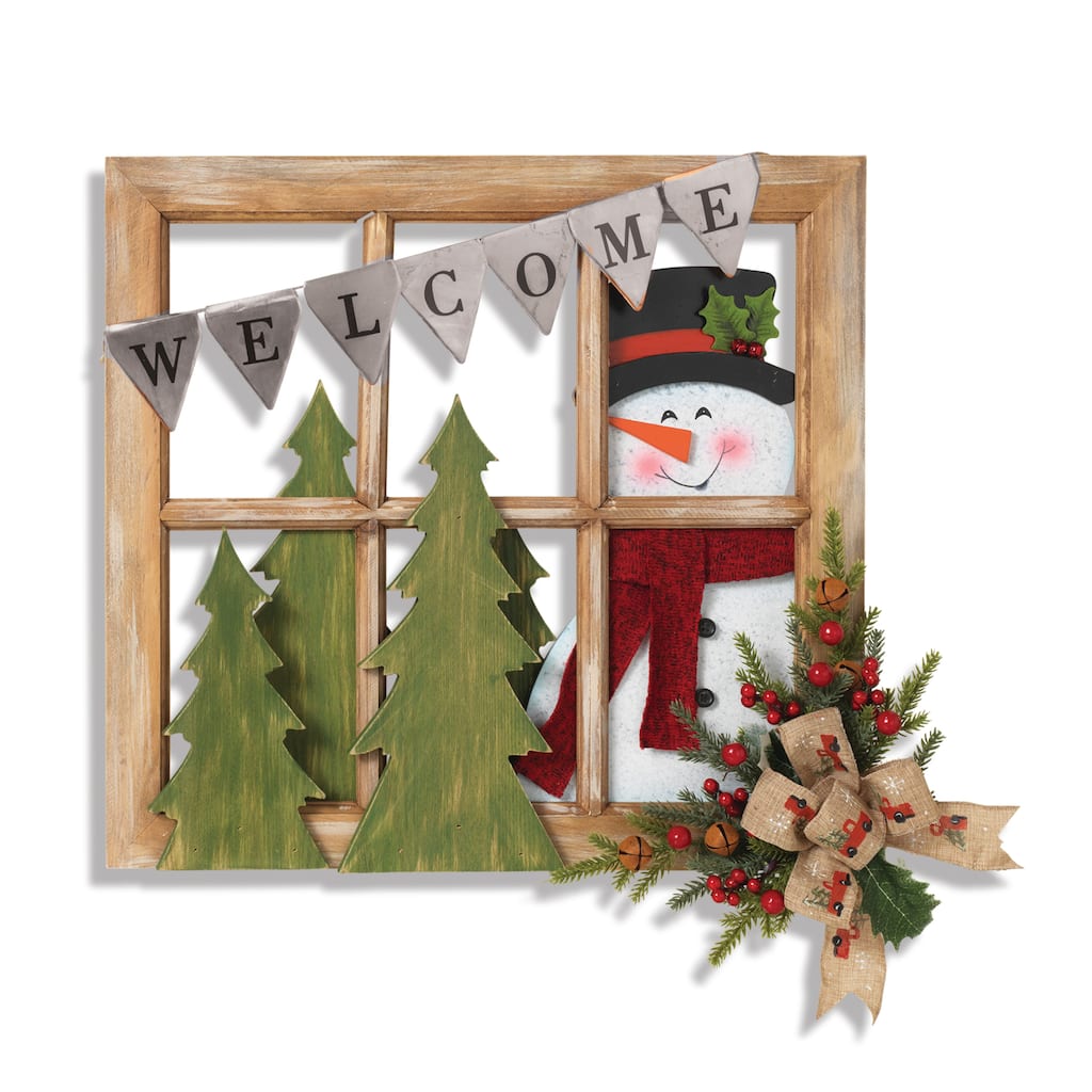 18 in Wood and Metal Window with Snowman and Floral Accent