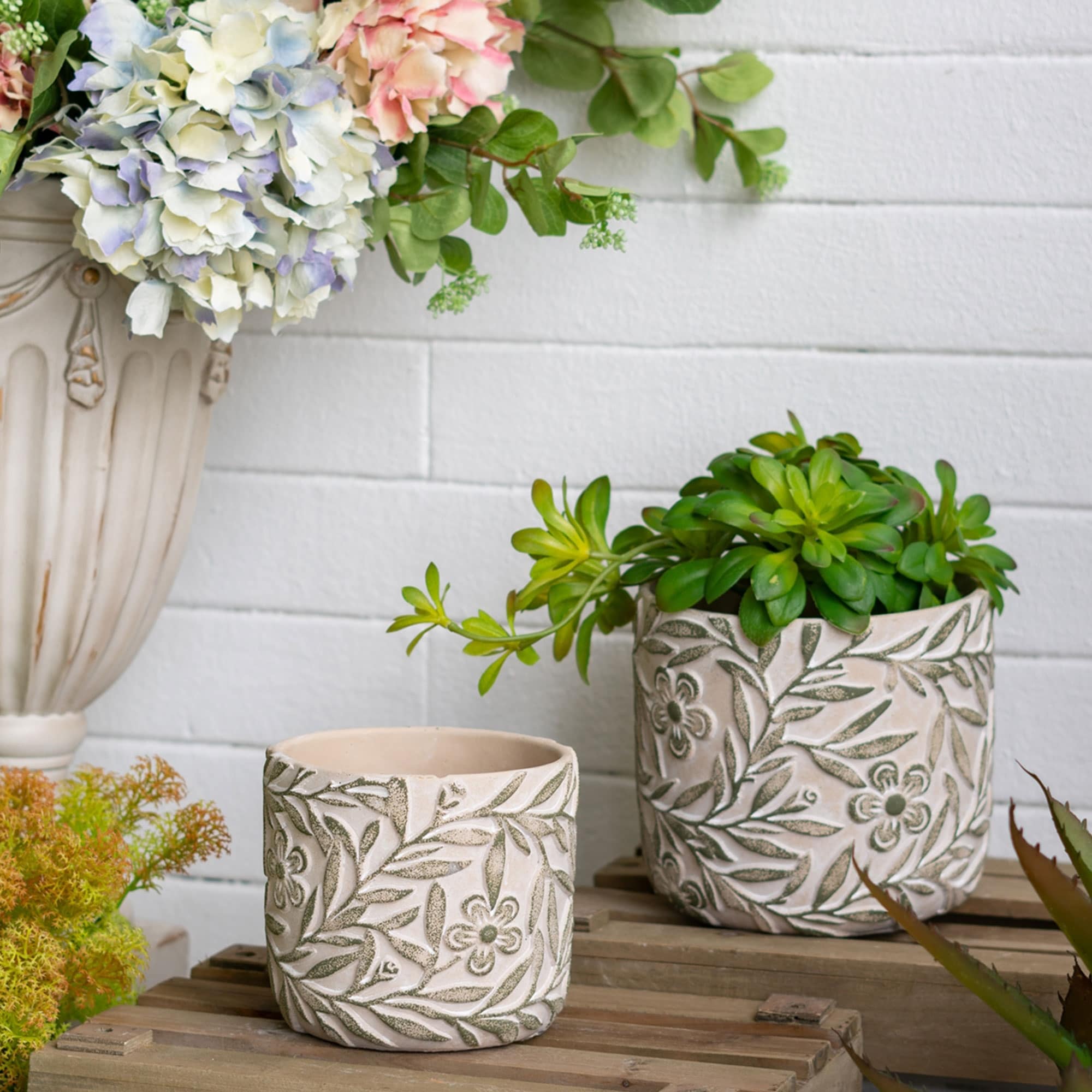 Set of 2 Cement Pots with Etched Floral Motif Tabletop Planters - Set of 2