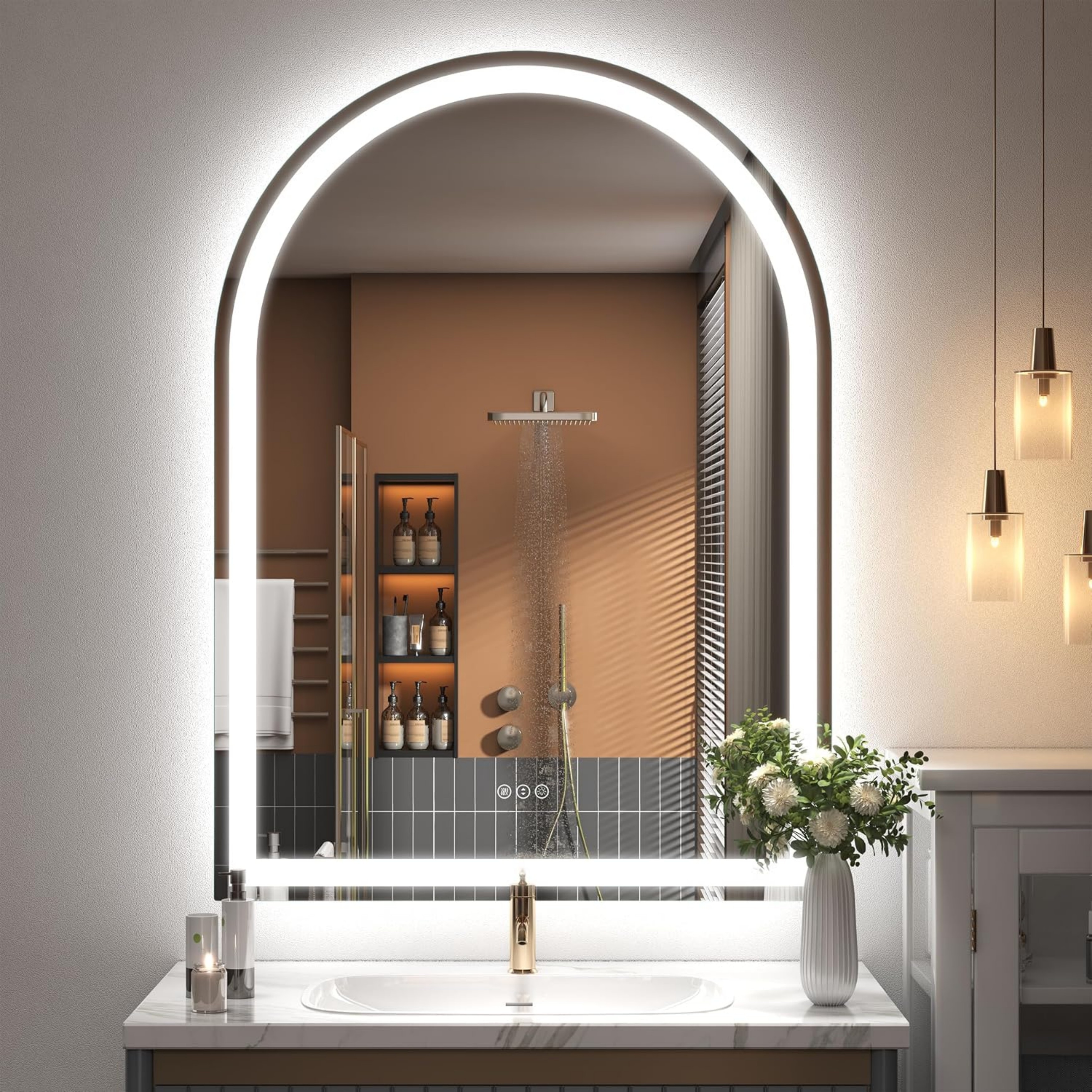 High Brightness LED Bathroom Mirror Arched, Tempered Glass, Memory, Anti-Fog, UL Certified