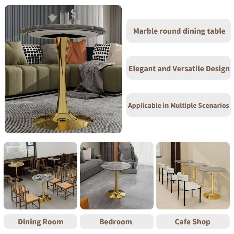 27.6" Mid-Century Modern Style Dining Table, Accommodates 2-4 People, Featuring A Round Dark Gray Textured Marble Tabletop