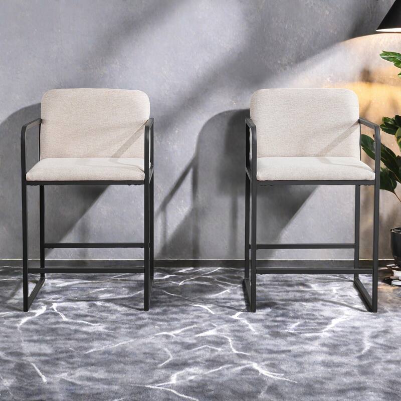 Fabric Counter Height Bar Stools (Set of 2） with Armrests, Metal Frame, and Padded Seats - Beige