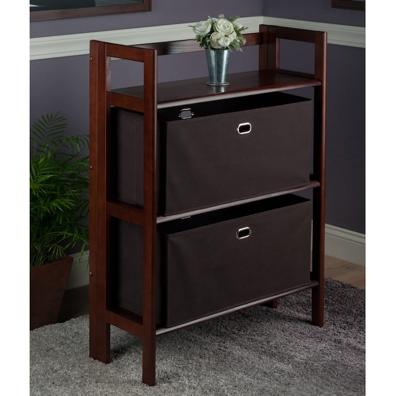 Torino 3-Pc Storage Shelf with 2 Foldable Fabric Baskets, Walnut and Chocolate - 27.8"W x 11.5"D x 38.5"H