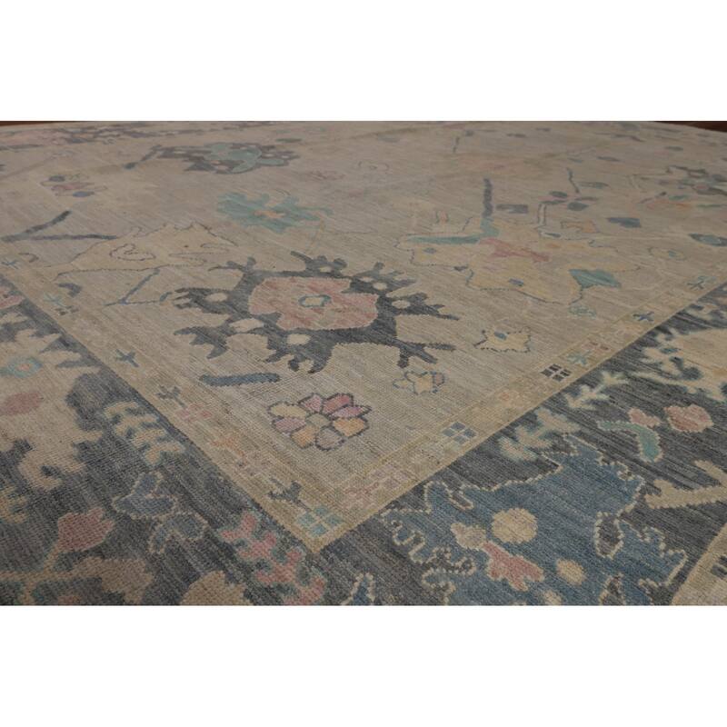 Beige Oushak Turkish Rug Hand-Knotted Oriental Wool Carpet - 8'11"x 11'11"