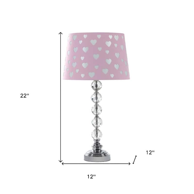 Pink Fabric Shade Silver Crystal Bedside Lamp with Heart Design Shade - 12” x 12” x 22” (D x W x H)