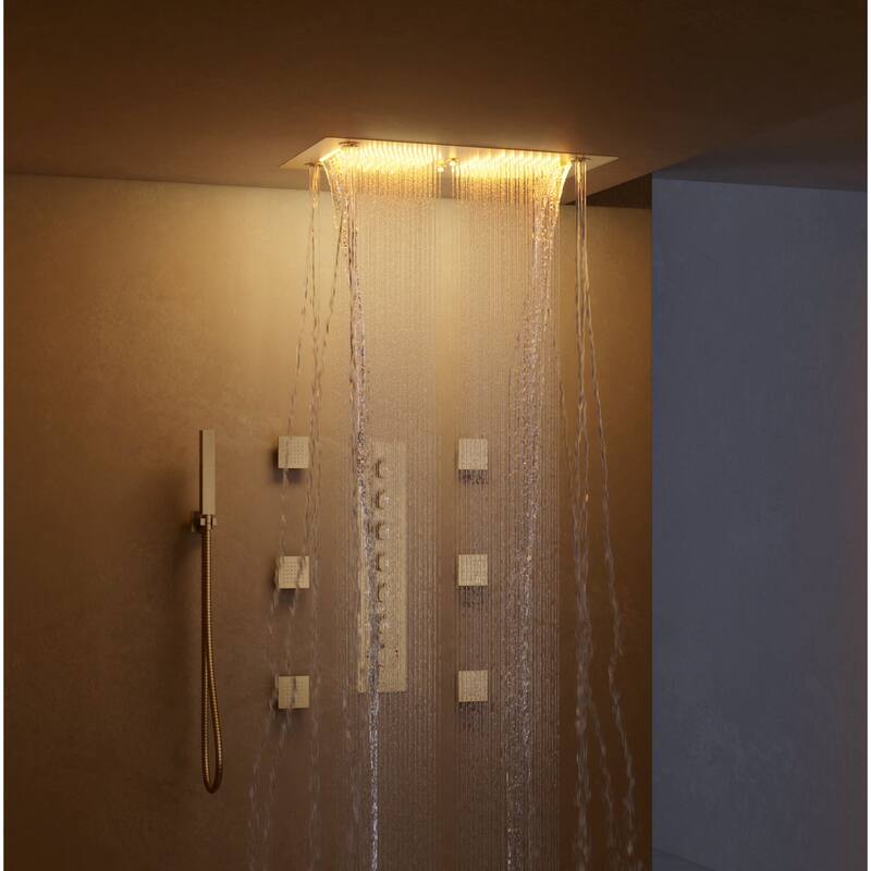 Shower Faucet System 28"*16" Ceiling Mount Shower Head with 4 Spray Mode Body Jets Handheld Spray LUXURY LED