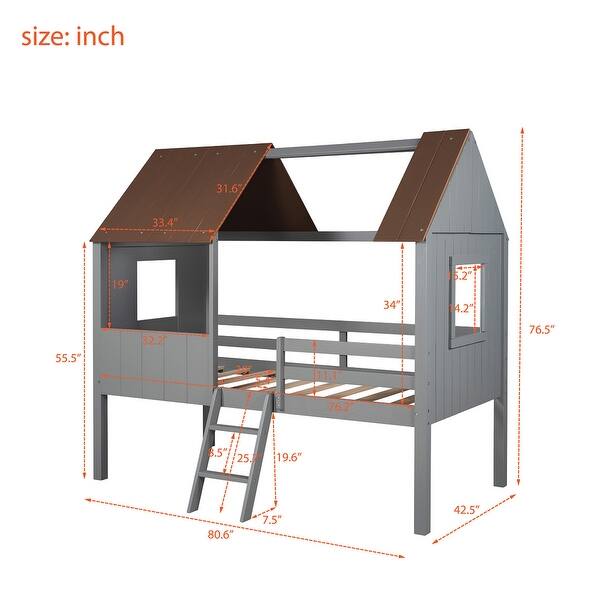Twin Size Low Loft Wood House Bed with guardrail and two side windows ...