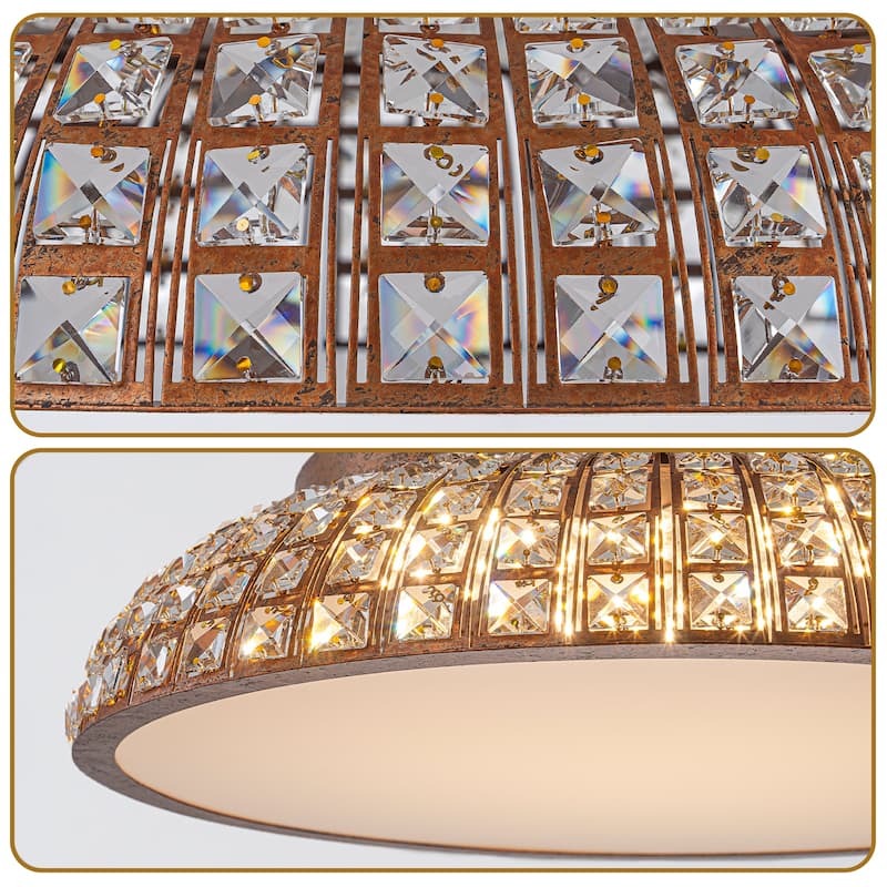 Retro French 38.6" W Antique Brass Linear Rectangle Crystal LED Flush Mount Ceiling Light