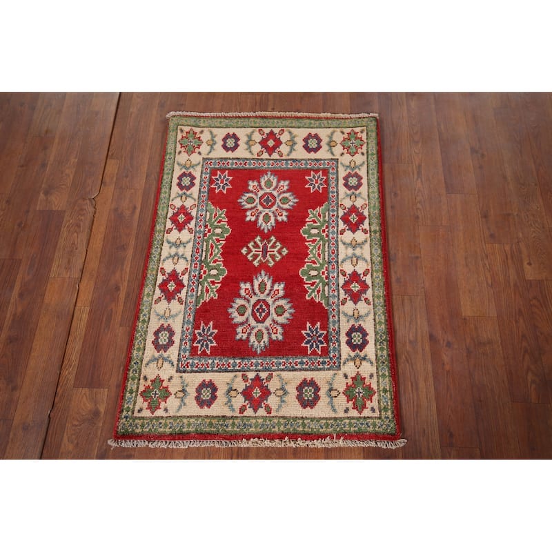 Red Geometric Kazak Oriental Foyer Rug Handmade Wool Carpet - 2'0" x 3'0"