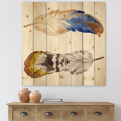Designart 'Colourful Boho Feather Set III' Bohemian & Eclectic Print on Natural Pine Wood - Multi-Color