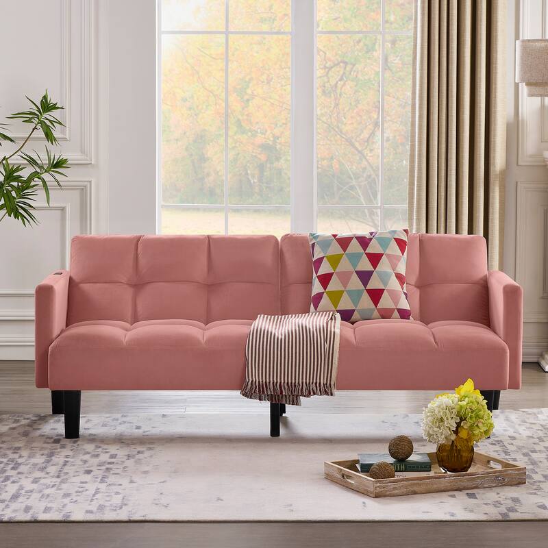 Velvet Futon Couch Sofa Lounge Sofa with Adjustable Backrest, Convertible Folding Sofa Bed Sleeper Sofa - Pink