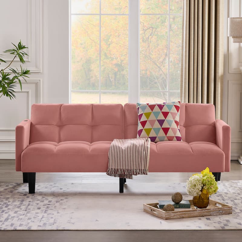 Versatile Adjustable Futon Couch Convertible Velvet Sleeper Sofa Bed with USB, Side Pockets, Chevron Tufting and Tapered Legs - Pink