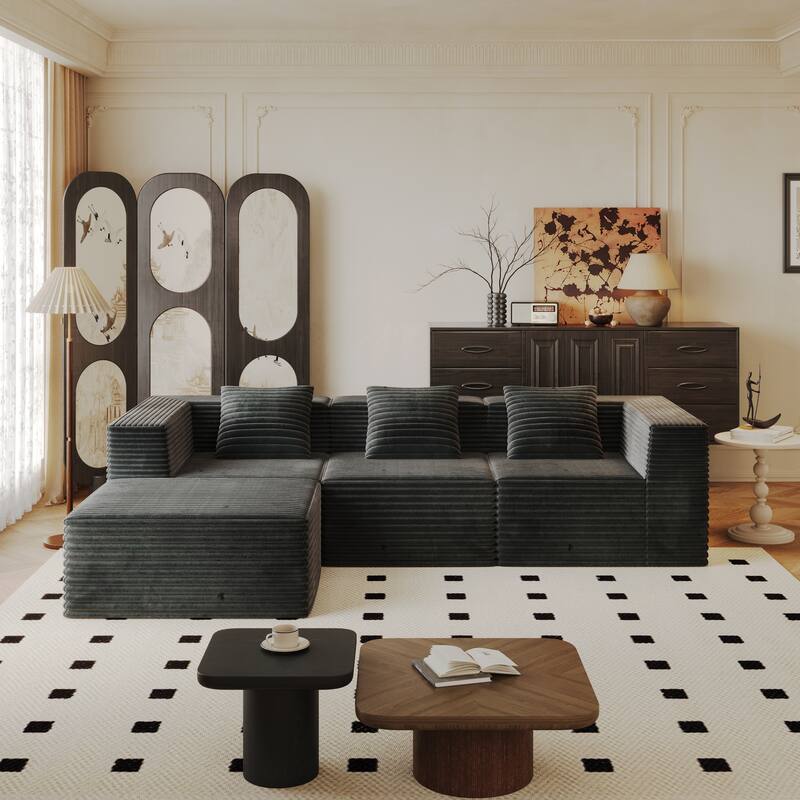 Corduroy Boneless Sectional Couch Floor Deep Seat Sofa with Pillows - Grey 3 Seat - 1 Ottoman