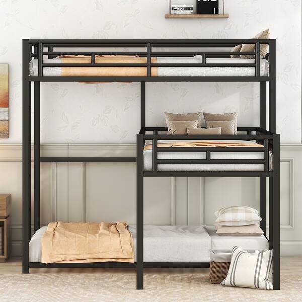 slide 2 of 12, Space-Saving L-Shaped Triple Twin Metal Bunk Bed with Guardrails Black