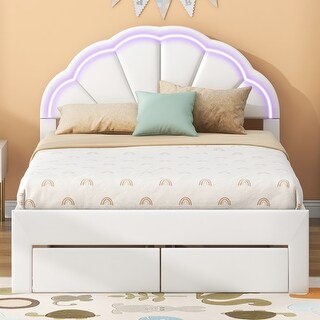 Kids Full Bed Frame Upholstered Platform Bed with LED Seashell Shaped Headboard and 2 Drawers, No Box Spring Needed, White