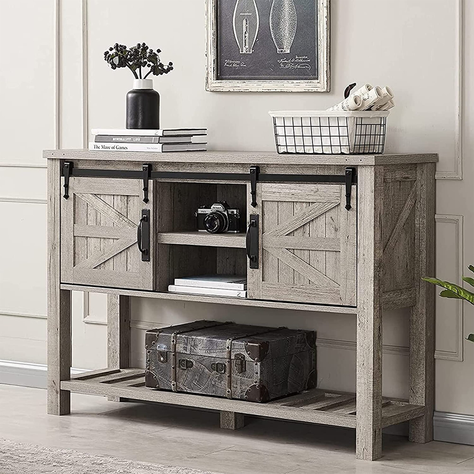 Farmhouse entry table shop with barn doors