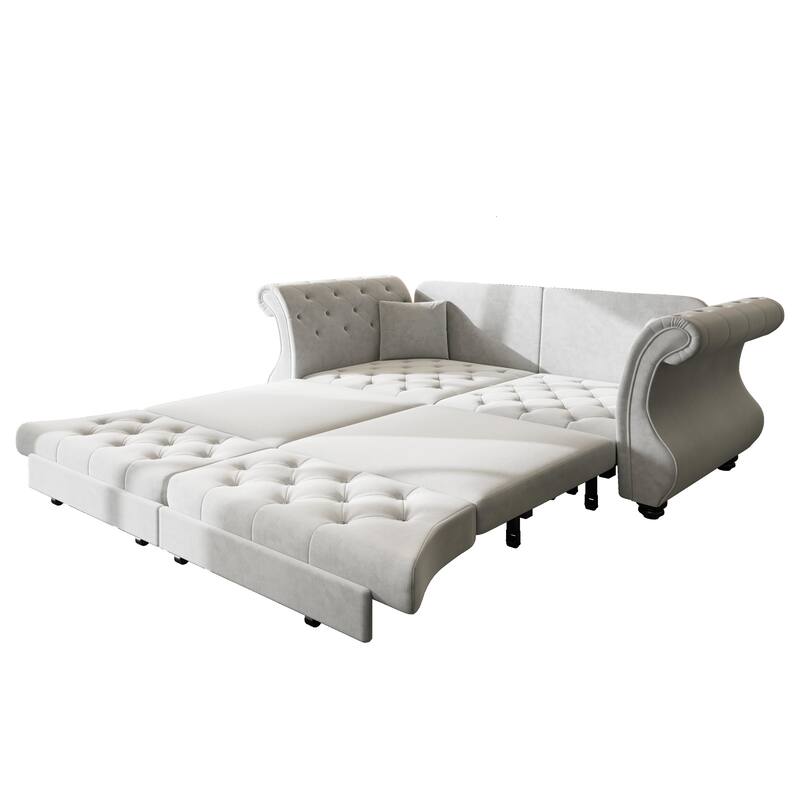 83.8" Chesterfield Velvet Pull-Out Sofa Bed, Classic Roll Arm Sleeper Couch with Elegant Flower Tufting