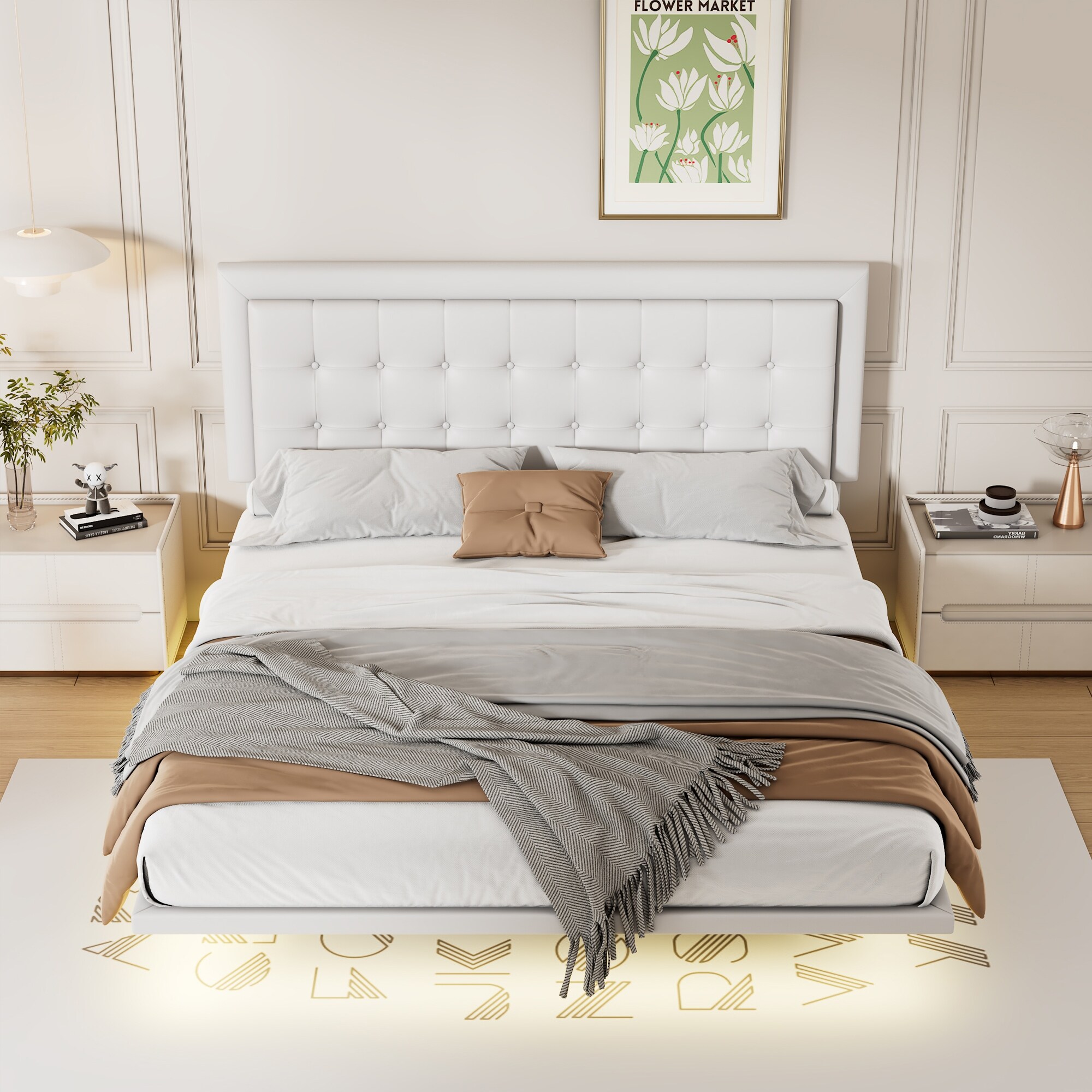 Queen Size Floating Bed Frame with Motion Activated Night Lights Bed