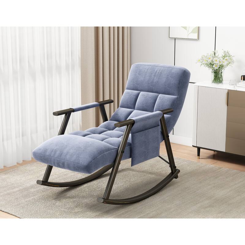 Blue Modern 42.2" Velvet High Back Rocking Chair with Foot Rest and Side Pockets for Living Room