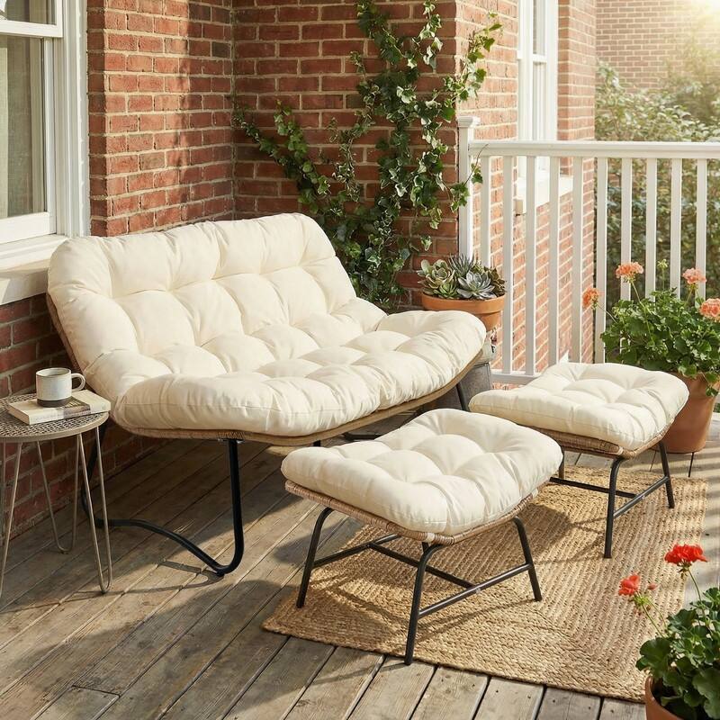 FINCATI 2-Person Outdoor/Indoor Wicker Lounge Egg Chair Loveseat, Oversized 51" Patio Club Chair with 5.5" Cushion