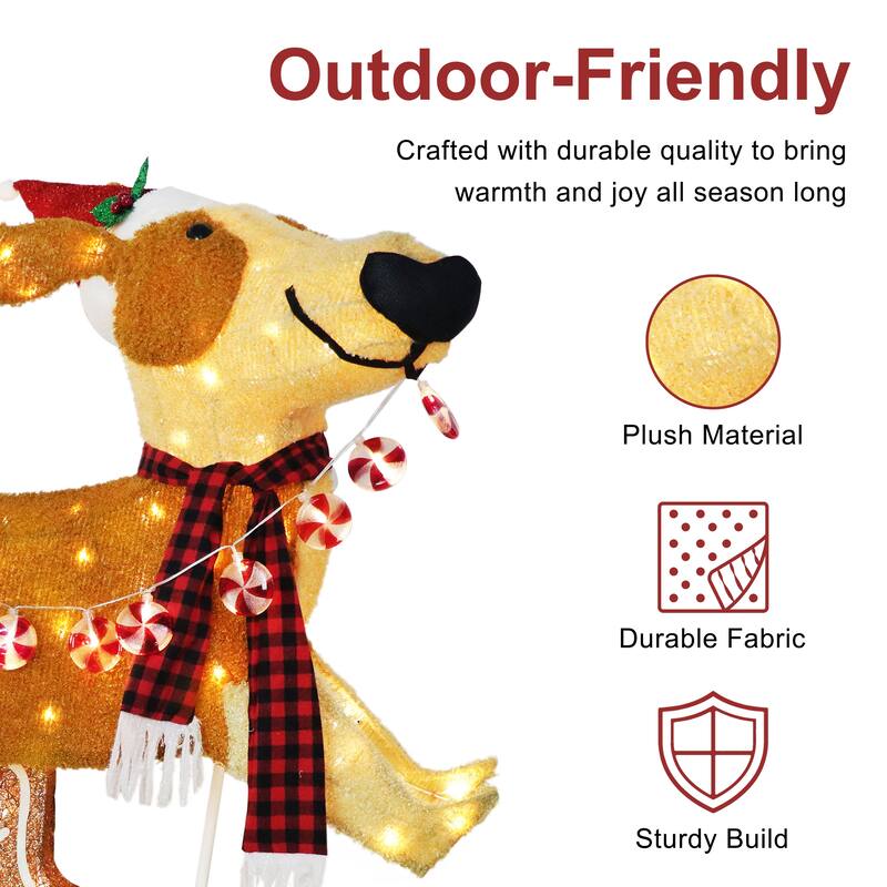 Puleo International 4' Pre-Lit Outdoor Puppy Christmas Holiday Decor with 144 Warm White Twinkling LED Lights - Brown