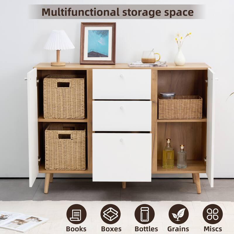 Sideboard Buffet Cabinet with 3 Drawers & 2 Doors, Adjustable Shelves for Kitchen or Dining Storage