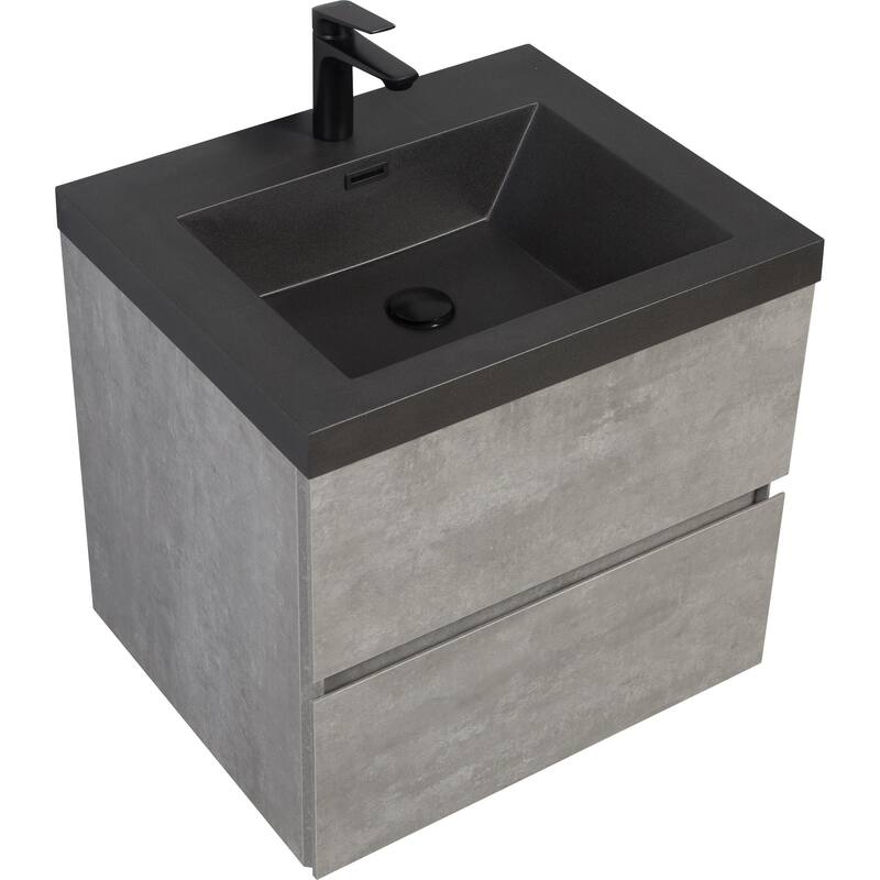 Wall-Mounted Bathroom Vanity with Gray Storage Cabinet, Matte Black Quartz Sand Sink, Soft-Close Hinges - 23.62in L Melamine