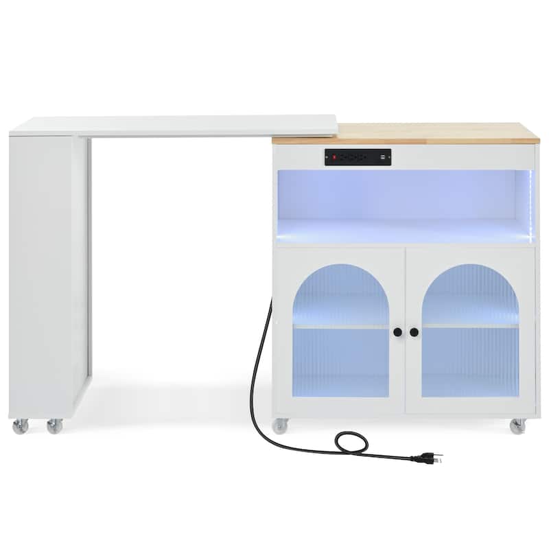 Wooden Kitchen Island with Rollers Storage Cabinet, Side Open Shelves, LED Lights, Power Outlets and 2 Fluted Glass Doors