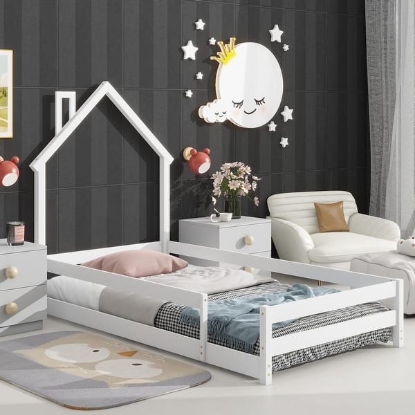 slide 2 of 35, Twin Size Wood bed with House-shaped Headboard Floor bed with Fences White