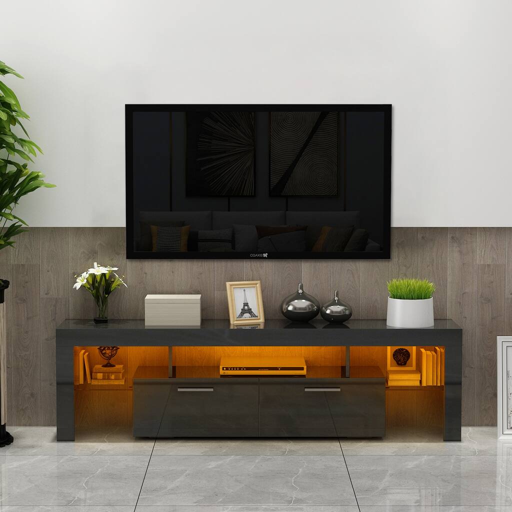 Morden High Glossy TV Stand ith 16 RGB LED Lights & 2 Large Storage Drawers Media Console Entertainment Center TV Cabinet