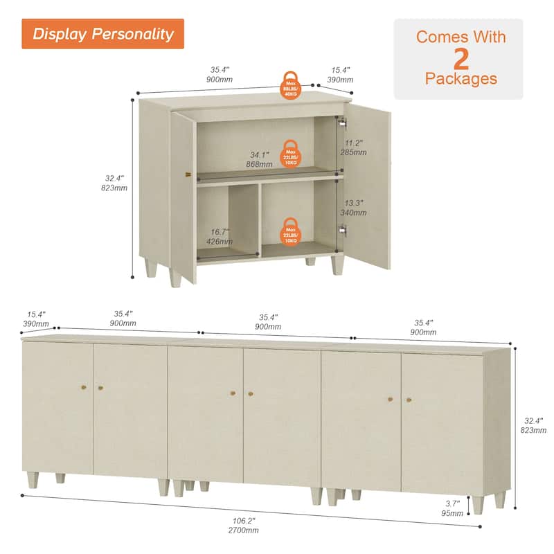 Buffet Cabinet with 3 Compartments for Dining Room, 32.4"H Sideboard