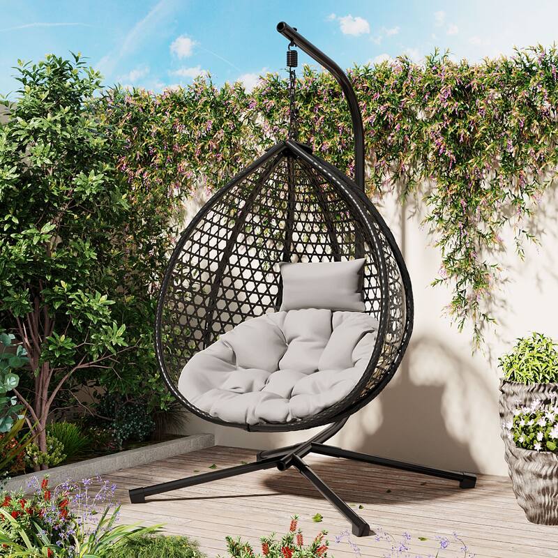 Sturdy Hammock Chair with Stand, Rattan Hanging Egg Chair with Soft Removable Cushion Swing Chairs for Balcony - Black+Grey