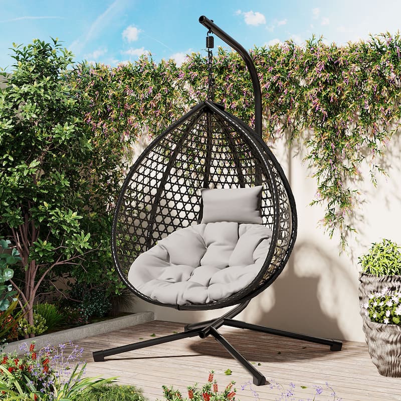 Versatile Egg Chair for Indoor and Outdoor Use, PE Rattan Patio Swing Hanging Chair with Stand and Cushion - Black+Grey