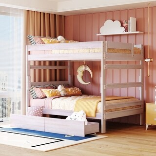 Modern Twin over Twin Solid Wooden Bunk Bed with 2 Drawers and Full-length Guardrail, Can Separated into Two Full-size Beds