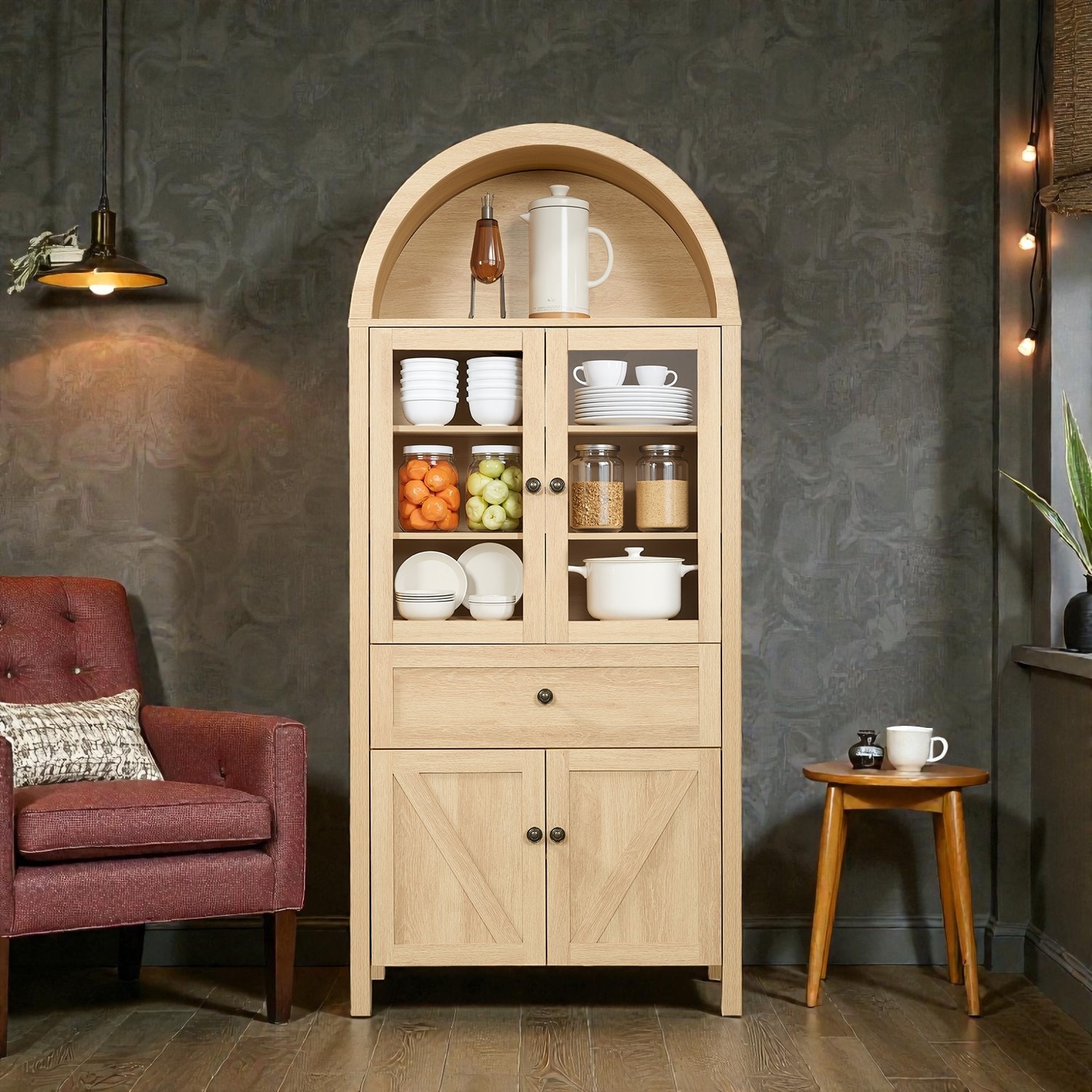 Vintage Dome Cabinet with Arched Design, Large Storage Display Cabinet with Adjustable Shelves for Living Room