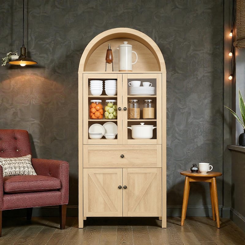 Vintage Dome Cabinet with Arched Design, Large Storage Display Cabinet with Adjustable Shelves for Living Room - Natural