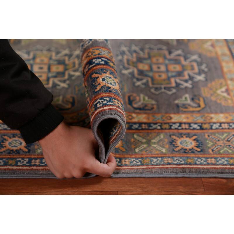 Gray Geometric Kazak Foyer Rug Handmade Wool Carpet - 2'8"x 4'0"