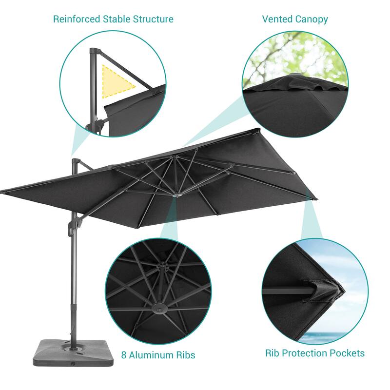 BONOSUKI 10x10FT Cantilever Patio Umbrella Infinite Angle Adjustment w/Base