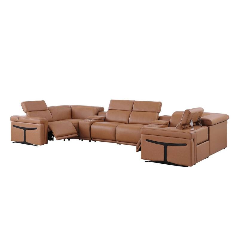 HomeRoots Chestnut Italian Leather Power Reclining U Shaped Eight Piece Corner Sectional With Console