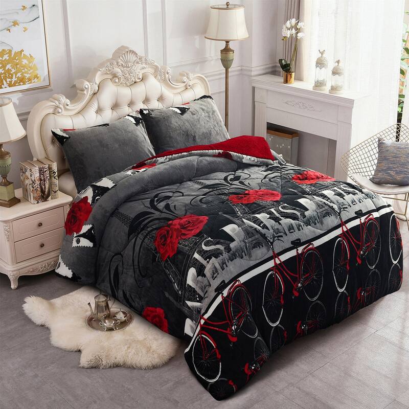 3-Piece Floral Printed Sherpa-Backing Reversible Comforter Set