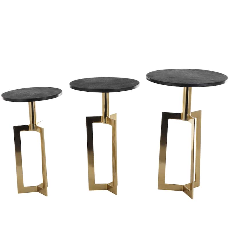 Gold or Black Aluminum Metal Geometric Accent Table with Black Marble Tabletops (Set of 3)